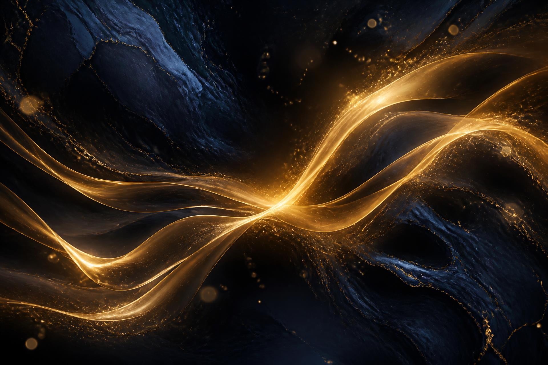 Streams of gold light converging in darkness
